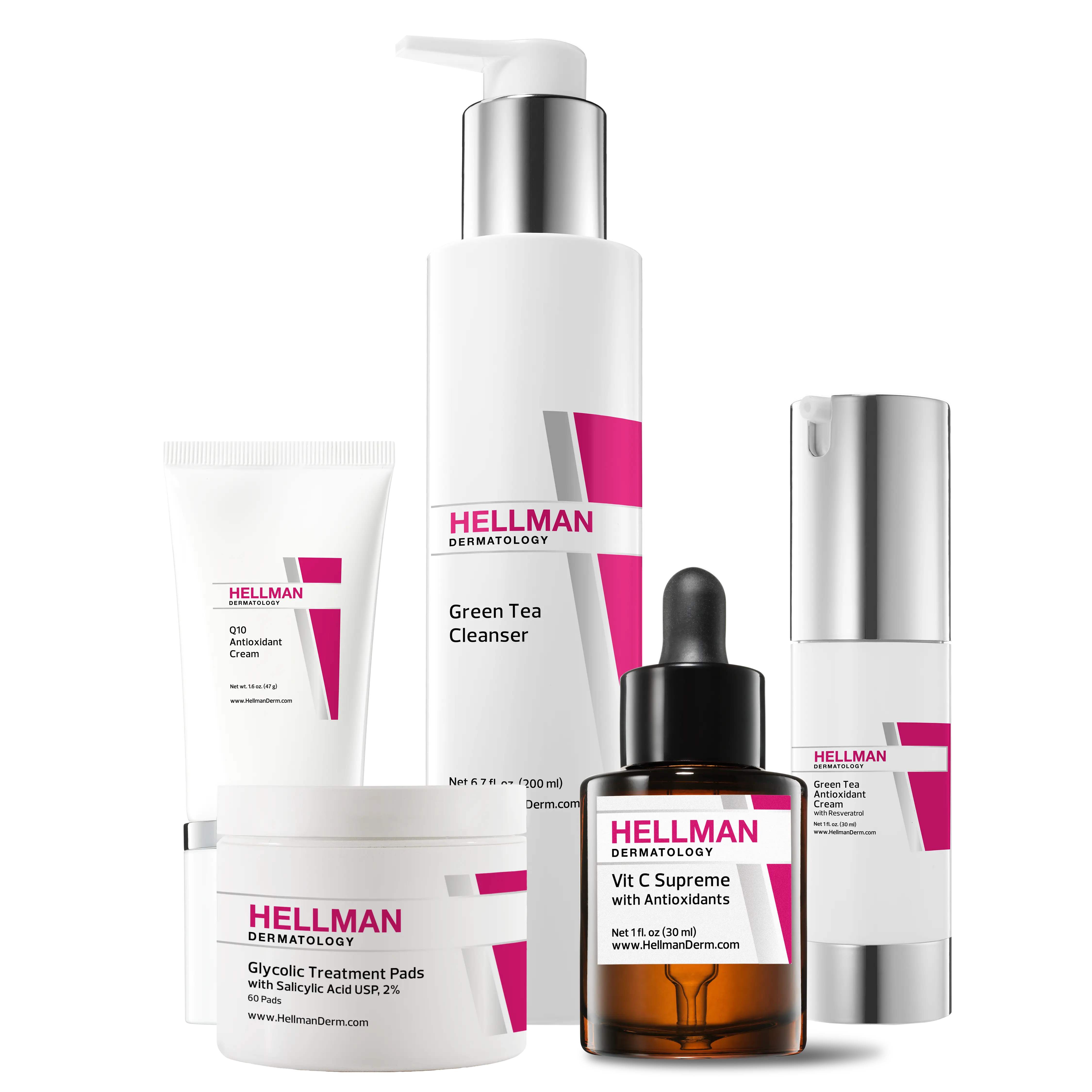 Q10 Antioxidant Cream+Gly-Sal Treatment pads+Green Tea Antioxidant Serum+Vitamin C Rejuvenation Serum+ Geen Tea Cleanser - Price: $285